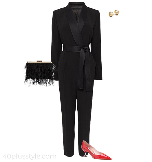 Tuxedo jumpsuit, pumps and trendy accessories | 40plusstyle.com