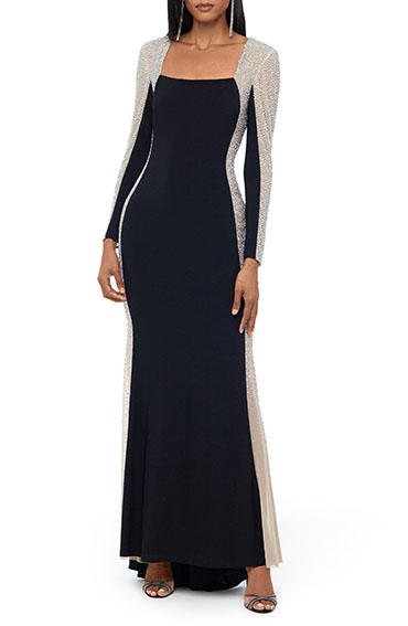 Xscape Keyhole Beaded Cap Sleeve Gown | 40plusstyle.com